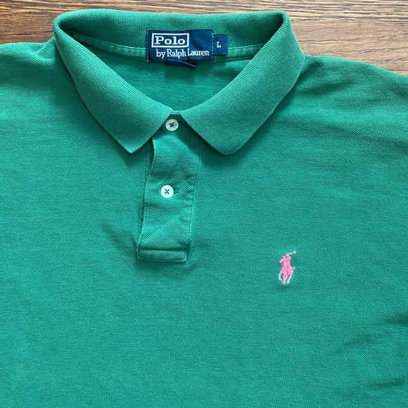 Men’s short sleeve polo by Ralph Lauren size large green  with pink pony - Picture 2 of 3